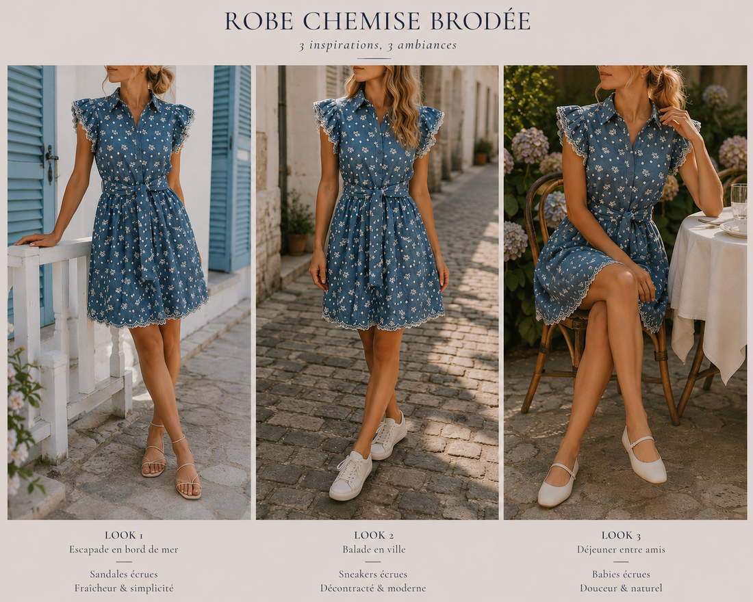 3 idées looks avec la Robe Line brodée bleue Kilky – sandales bord de mer, sneakers ville et babies déjeuner entre amis | Coka Collection