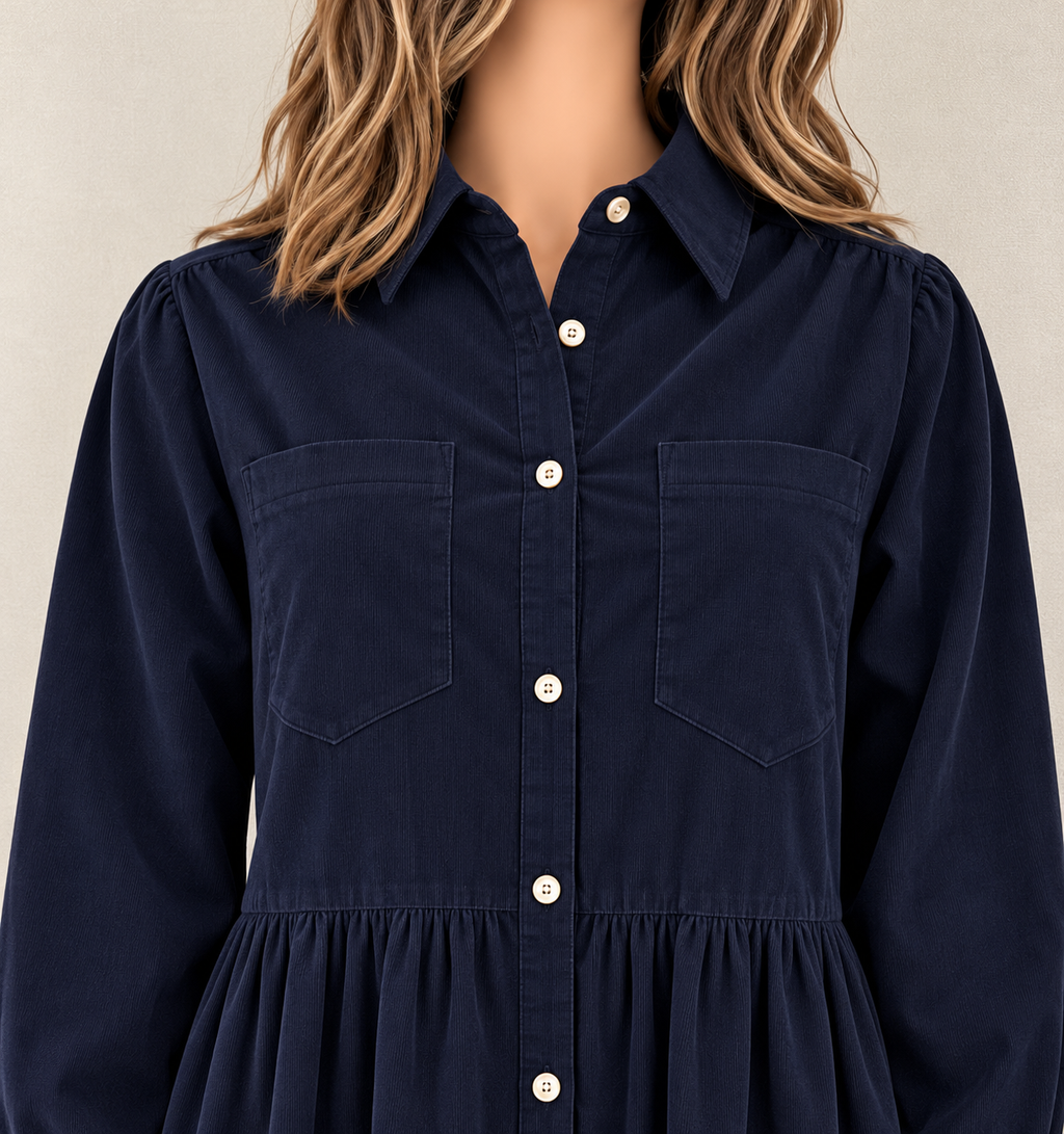 Robe Charlotte velours côtelé marine In April 1986 – gros plan sur le col chemise, les deux poches plaquées et les boutons clairs | Coka Collection