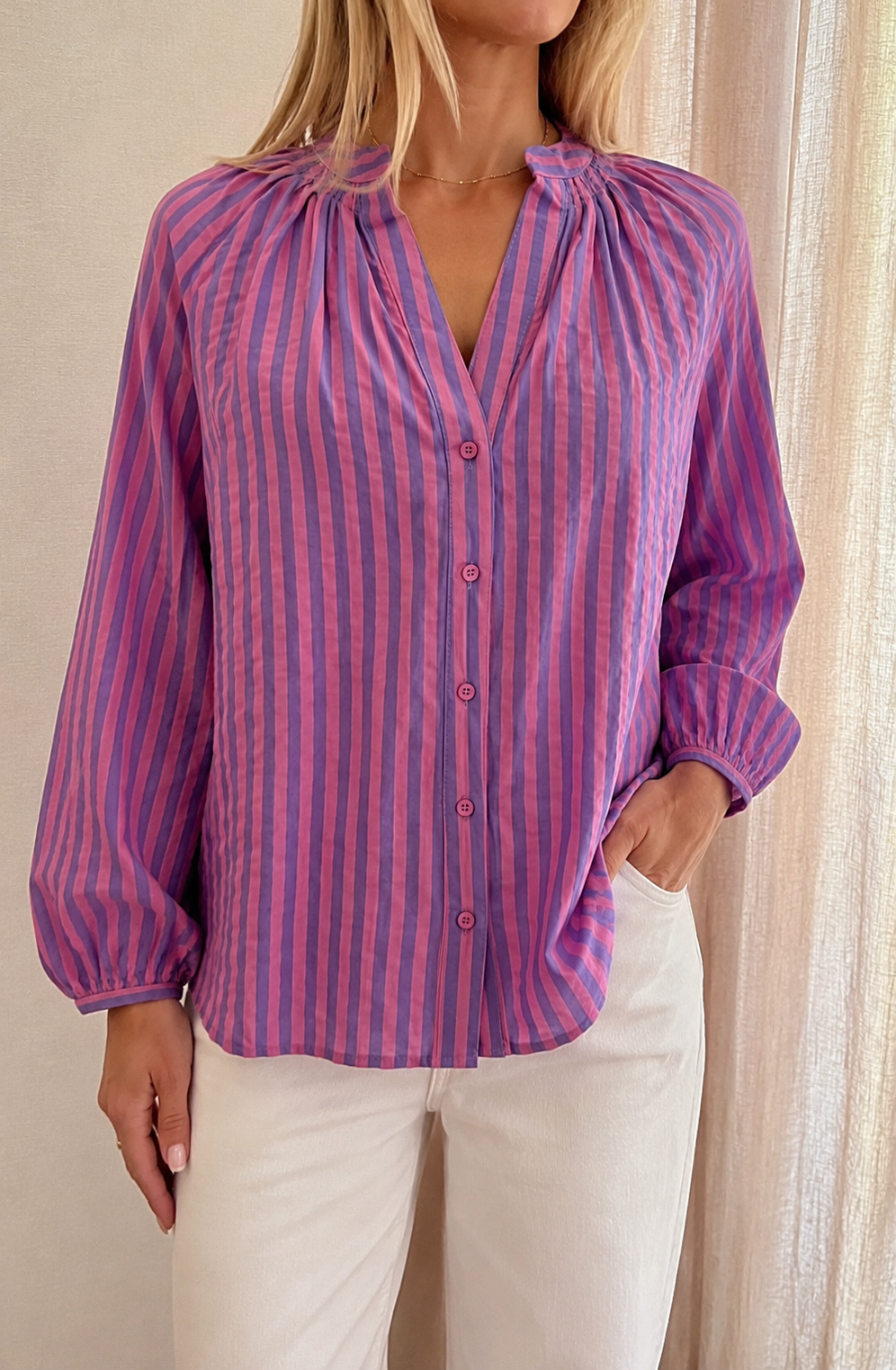 Blouse Ambre rayée rose et violet Lili & Lala – vue de face | Coka Collection