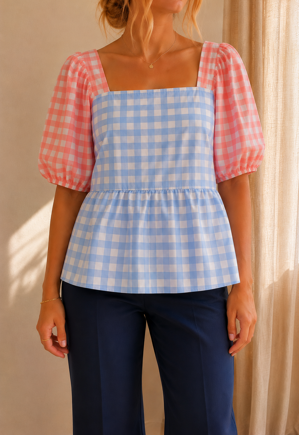 Blouse Constance vichy rose et bleu ciel – Musy Muse