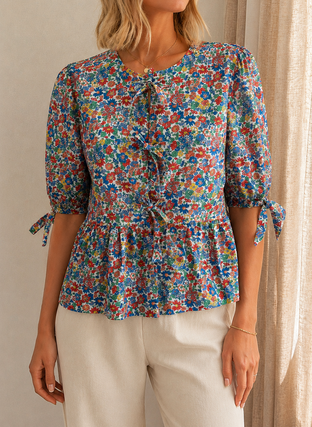 Blouse Carla fleurie à nœuds Lili & Lala – vue de face | Coka Collection