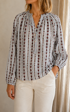Blouse Victoria rayée bleu ciel fleurs rouges Lili & Lala – vue de face, coupe oversize | Coka Collection