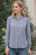 Blouse Adèle rayée bleu argenté col volanté In April 1986