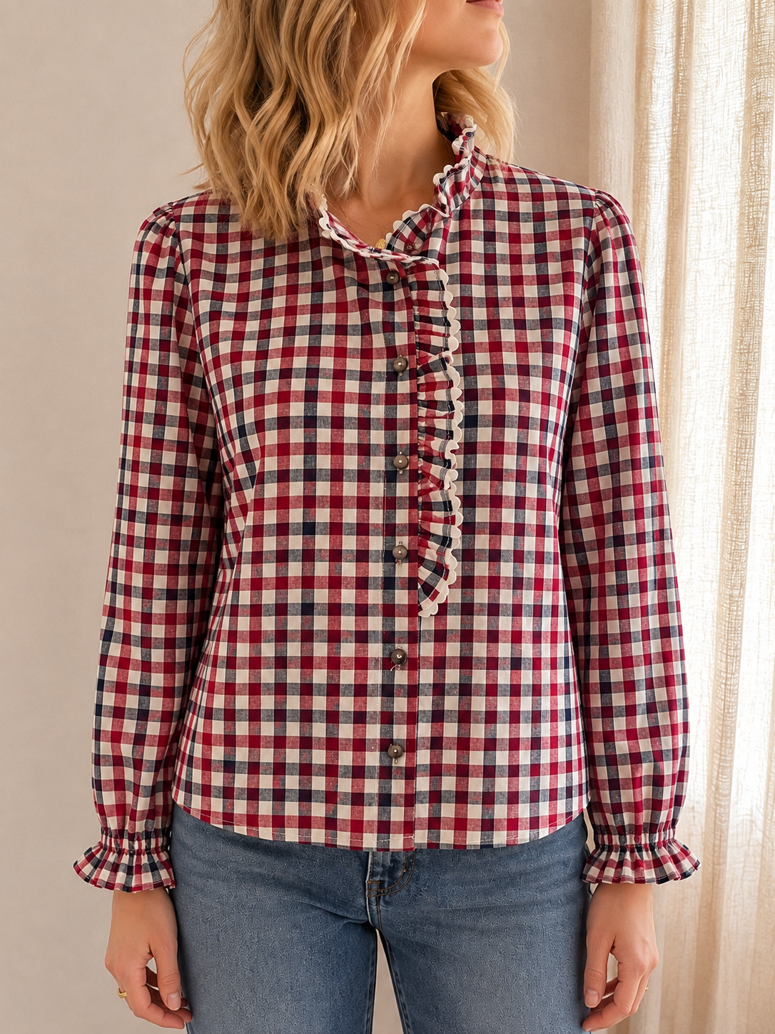 Blouse Mahé carreaux écru marine rouge Lili & Lala – vue de face, fermeture boutonnée | Coka Collection
