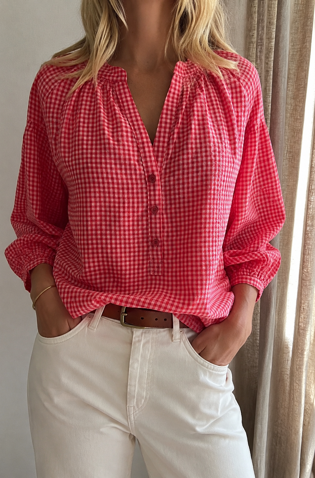 Blouse Gaëlle vichy rose et rouge Lili & Lala – vue de face, coupe oversize | Coka Collection