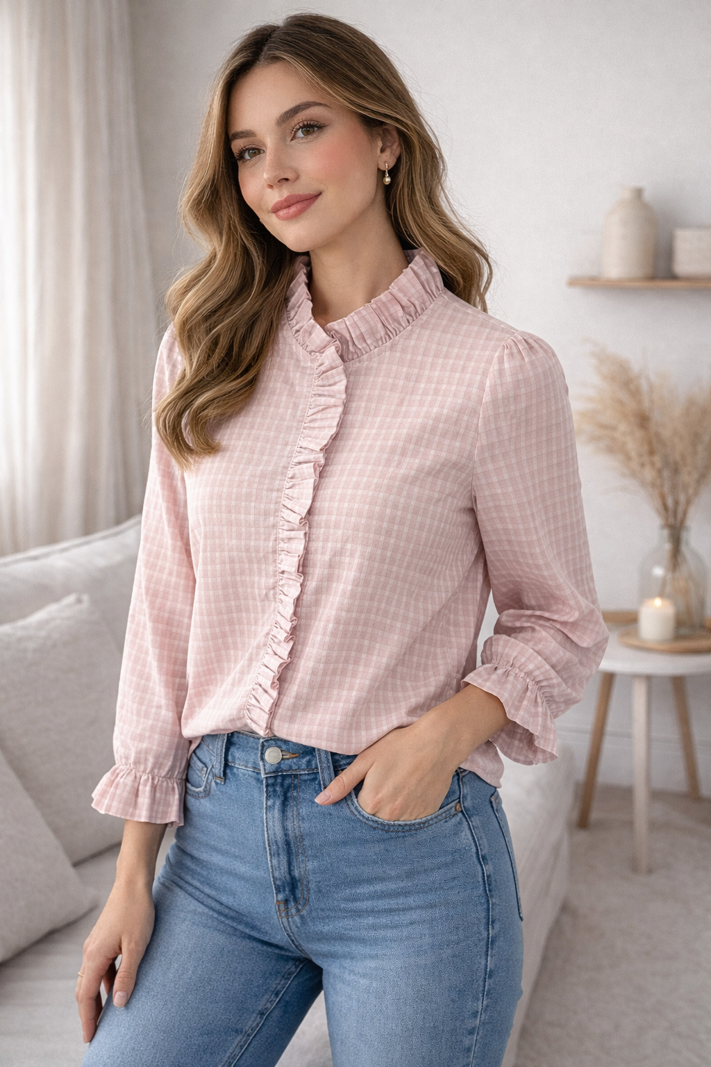 Blouse Angèle carreaux rose poudré col volanté Lili & Lala