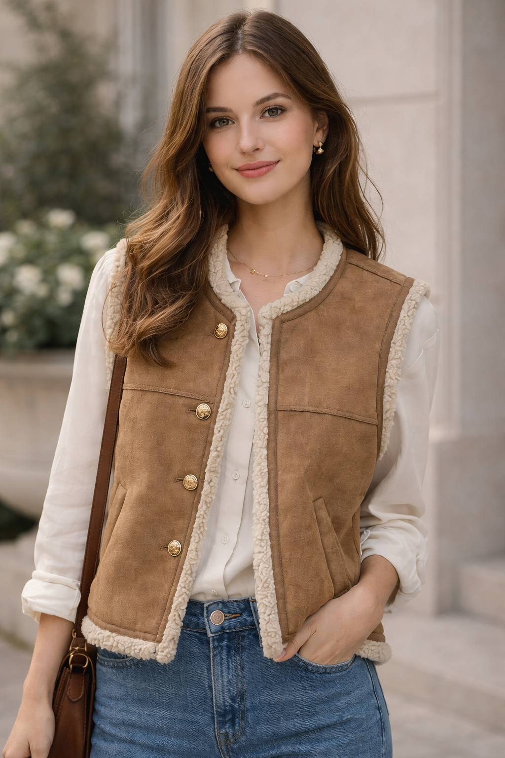 Gilet Romy suédine beige sans manches porté - rendu style - Coka Collection