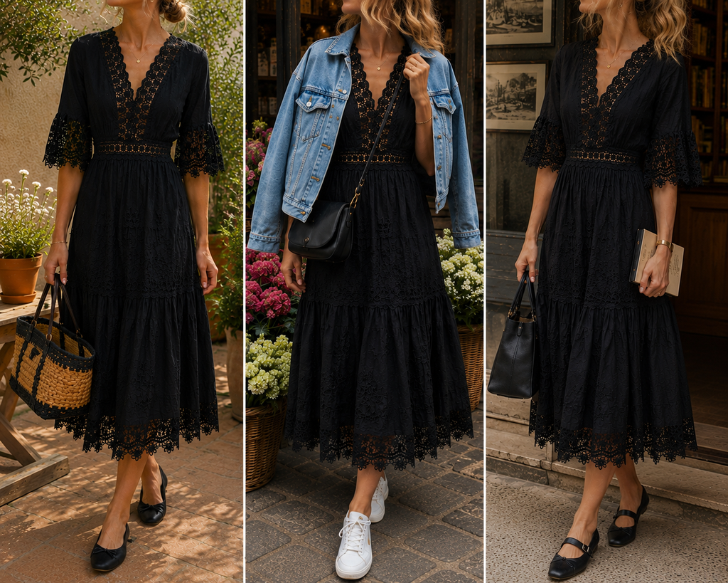 3 façons de porter la Robe Emilie longue noire en dentelle - coka Collection