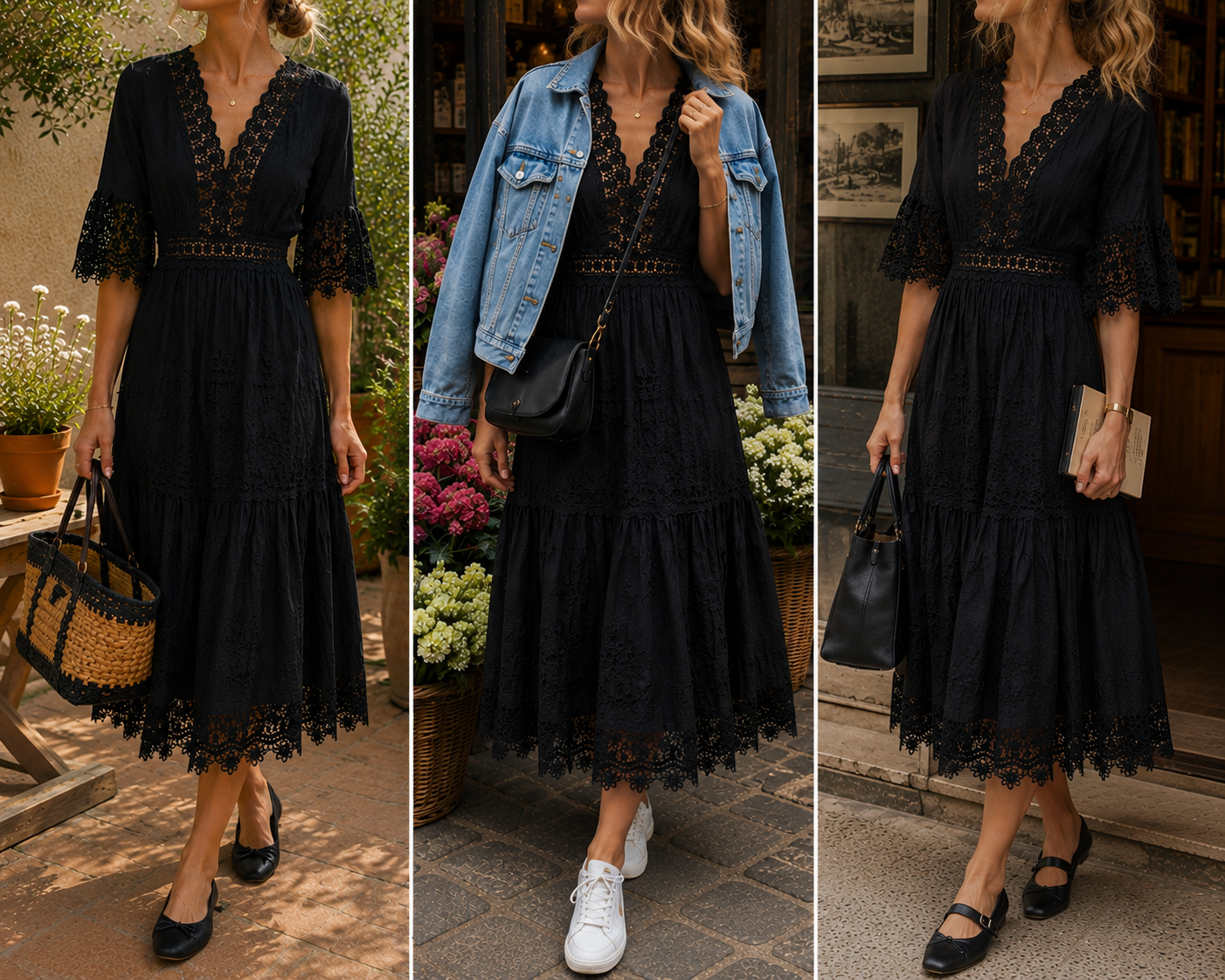 3 façons de porter la Robe Emilie longue noire en dentelle - coka Collection