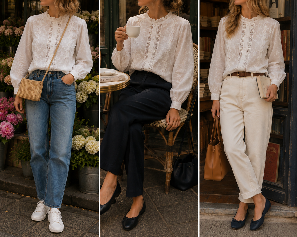 3 façons de porter la Blouse Gaïa blanche portée – silhouette complète, coupe élégante | Coka Collection