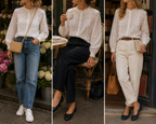 3 façons de porter la Blouse Gaïa blanche portée – silhouette complète, coupe élégante | Coka Collection