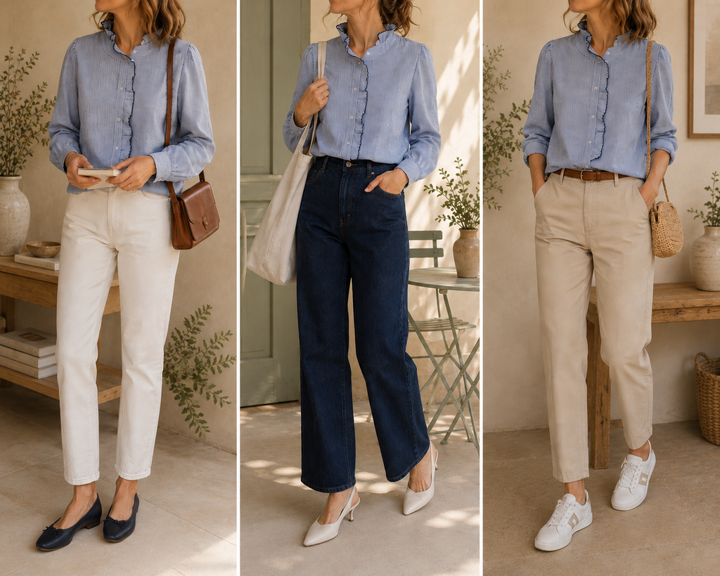 3 façons de porter une blouse rayée bleu col volanté – Chic, Parisien & Casual | Coka Collection 