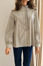 Blouse Clémence carreaux écru marron bleu In April 1986 – vue de face, col montant volanté | Coka Collection