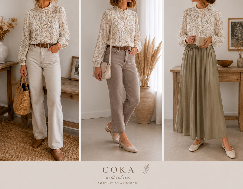 3 façons de porter la Blouse Estelle motif feuillage beige Season avec dentelle - coka collection
