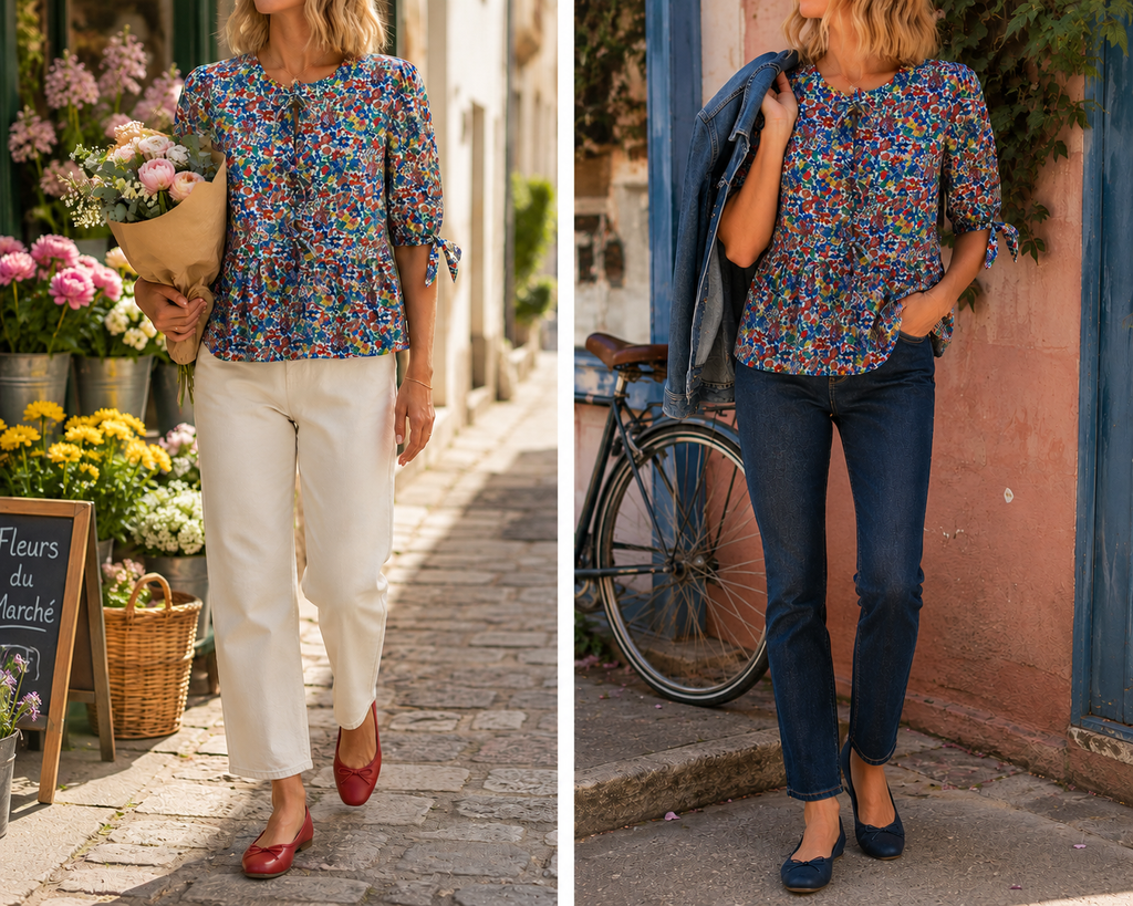 2 idées de look avec la Blouse Carla fleurie à nœuds Lili & Lala – vue de face | Coka Collection