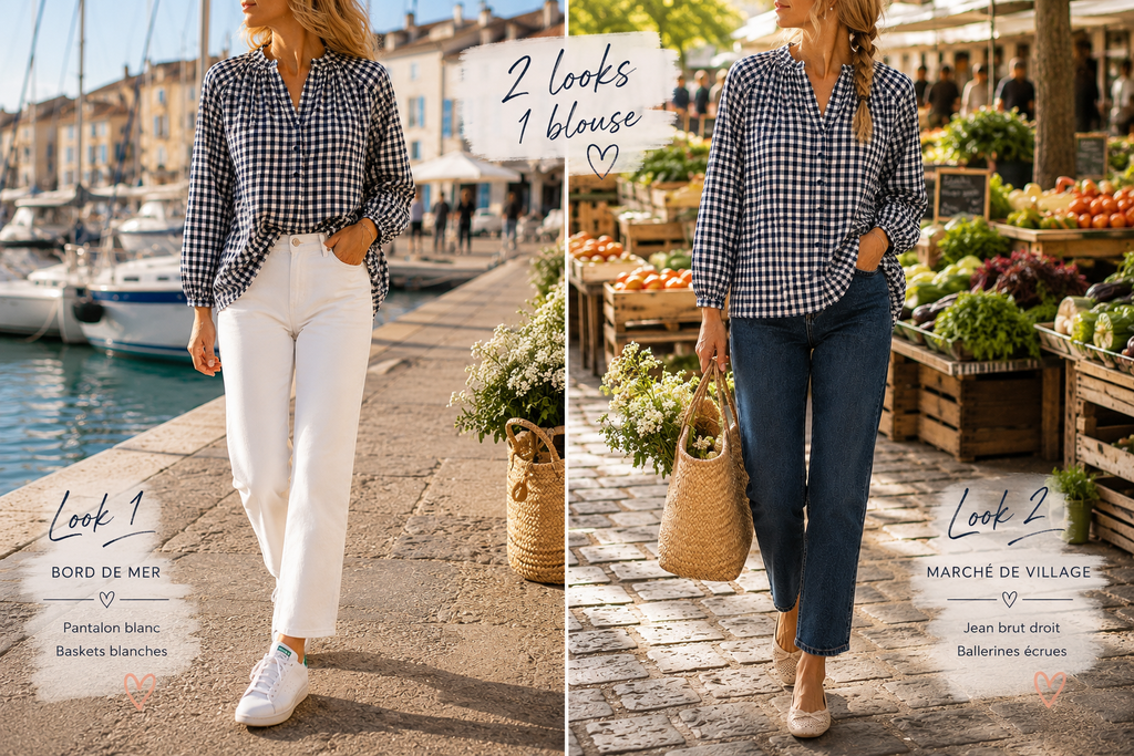 2 façons de porter la Blouse Lison vichy marine Season –coupe ample et fluide | Coka Collection