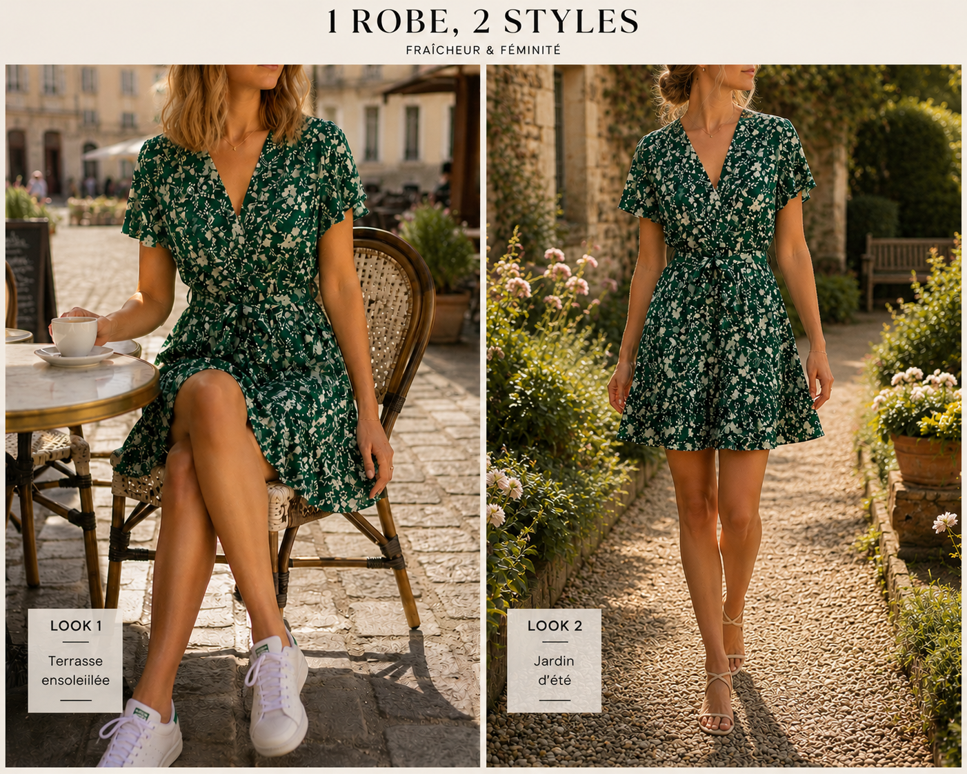 2 façons de porter la Robe Gina courte fleurie verte décolleté croisé - bohème chic | Coka Collection