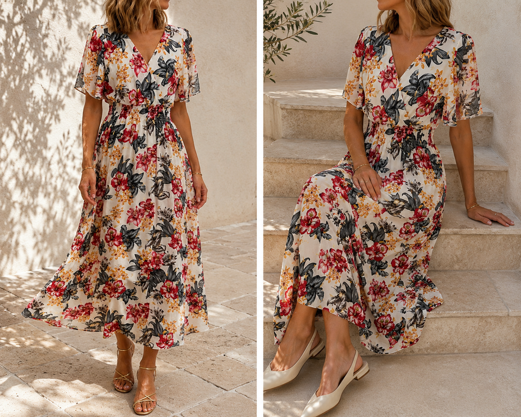 Robe Marion longue fleurie blanche - visuel produit - Coka Collection