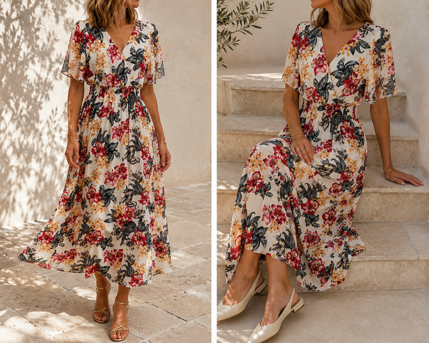Robe Marion longue fleurie blanche - visuel produit - Coka Collection