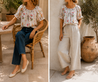 2 façons de porter la Blouse Sylvia fleurie Lili & Lala – vue de face, col élastiqué et manches bouffantes | Coka Collection