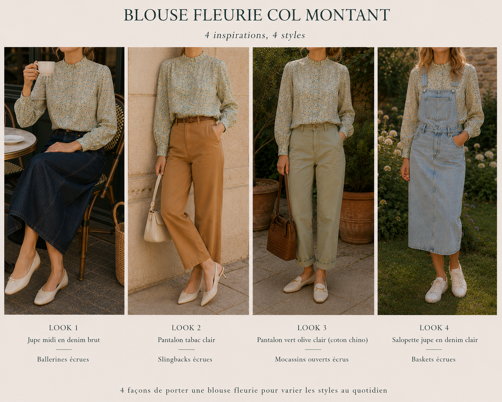 4 façons de porter la Blouse Céline fleurie vert d'eau Season avec col volanté