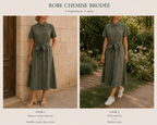 2 façons de porter la Robe Noa vert sauge – vue de face portée, silhouette complète longueur midi - coka collection
