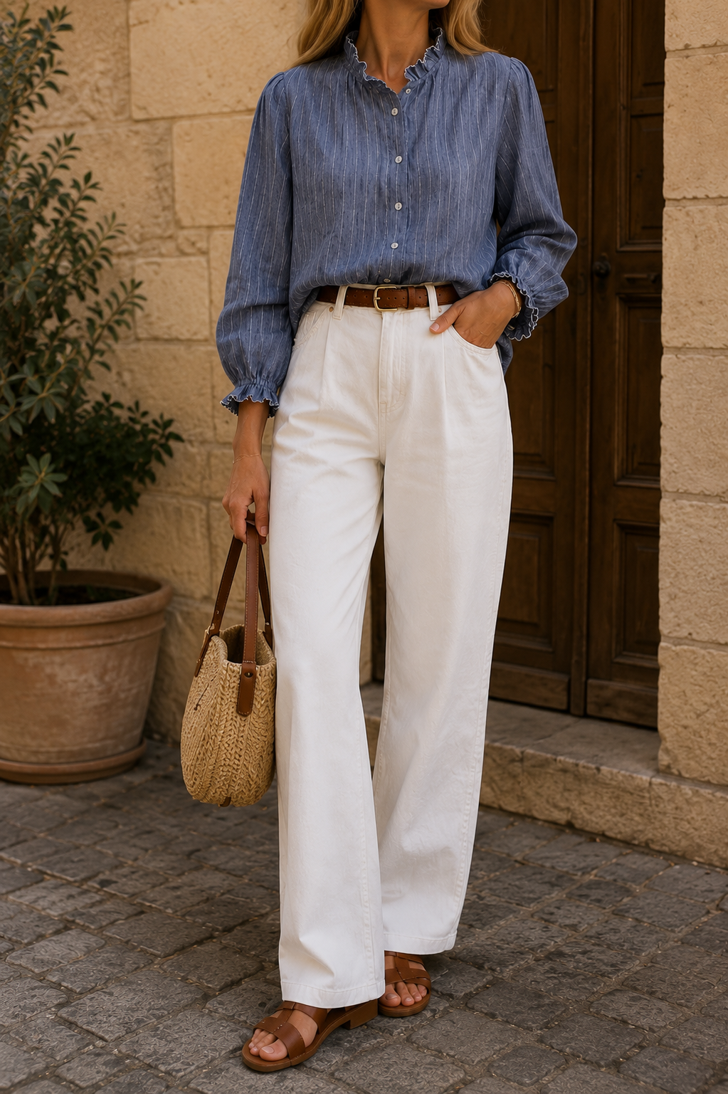 idée look avec la Blouse Adèle rayée bleu argenté col volanté In April 1986 – inspirations styling printemps | Coka Collection