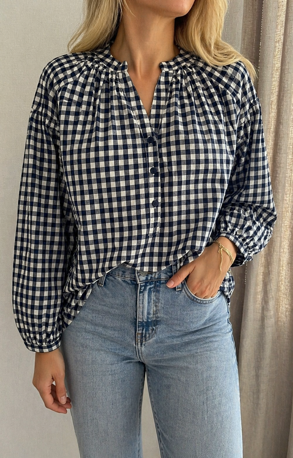 Blouse Lison vichy marine Season –coupe ample et fluide | Coka Collection
