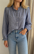 Blouse Adèle rayée bleu argenté In April 1986 avec col volanté - coka collection