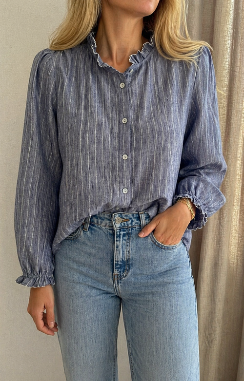 Blouse Adèle rayée bleu argenté In April 1986 avec col volanté - coka collection