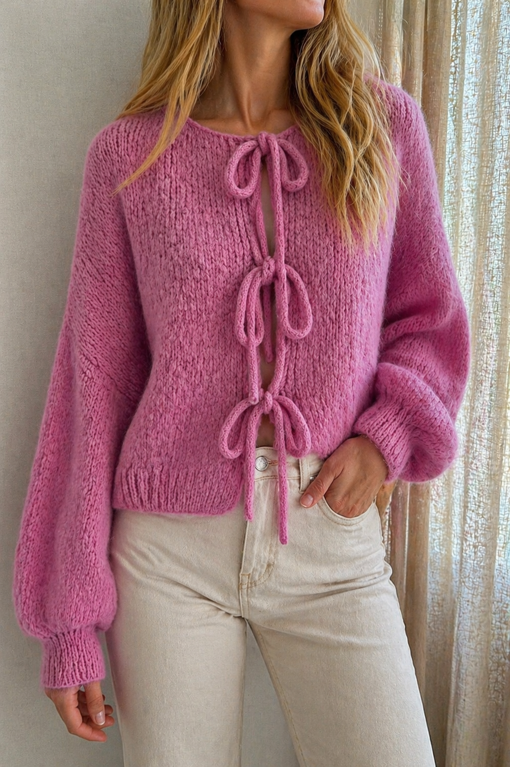 Gilet Roméo rose fuchsia maille épaisse noué femme - Coka Collection