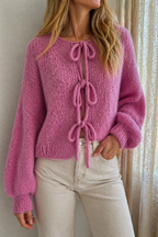 Gilet Roméo rose fuchsia maille épaisse noué femme - Coka Collection