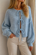 Gilet Roméo bleu ciel maille épaisse noué femme -  Coka Collection