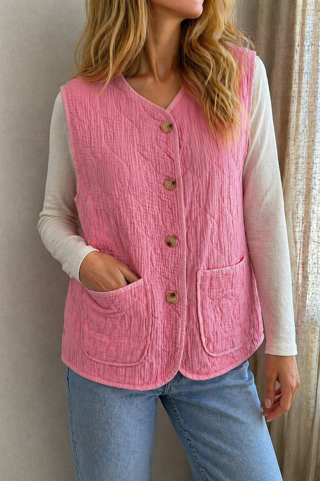 Gilet Gabin gaze de coton rose sans manches boutonné - Coka Collection