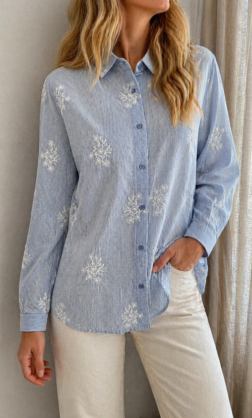 Blouse Agathe rayée bleu et blanc brodée – Coka Collection