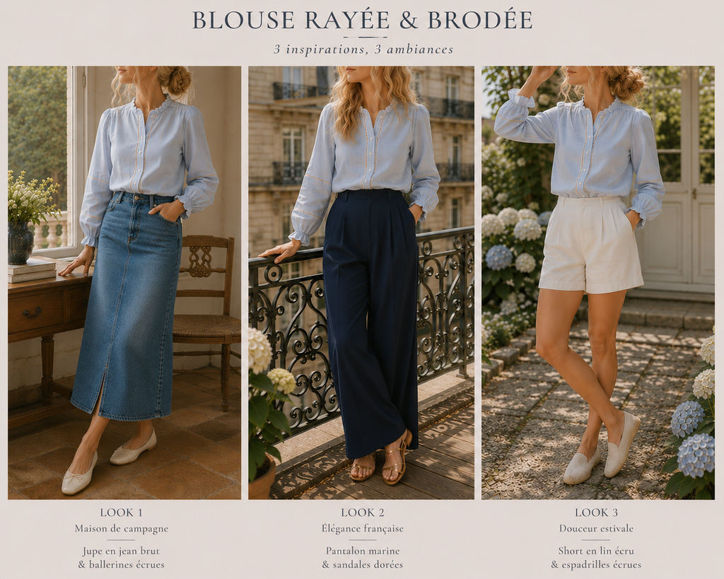 3 façons de porter la Blouse Clara rayée dentelle In April 1986 - vue de face - Coka Collection