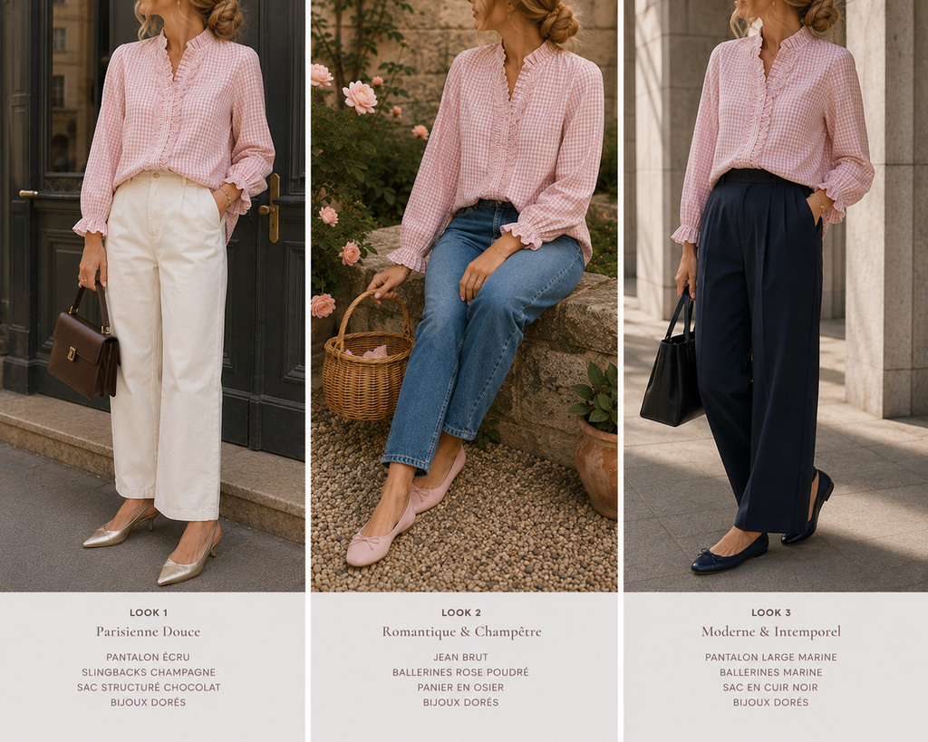 Blouse Angèle carreaux rose poudré Lili & Lala avec col volanté - 3 façons de la porter - Coka Collection