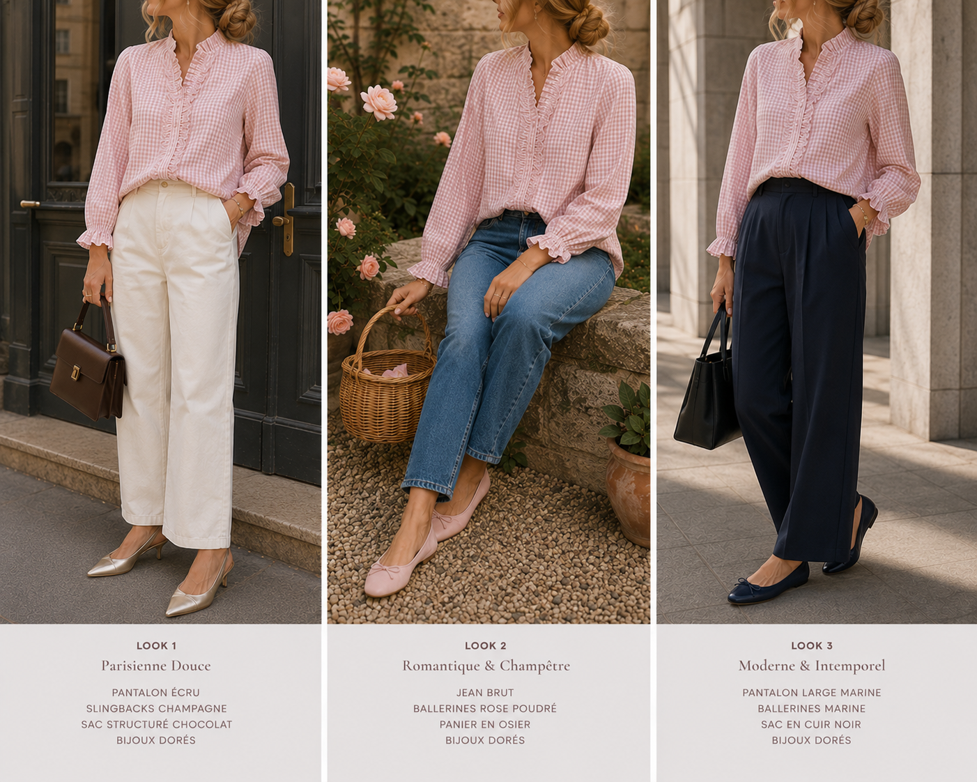 Blouse Angèle carreaux rose poudré Lili & Lala avec col volanté - 3 façons de la porter - Coka Collection