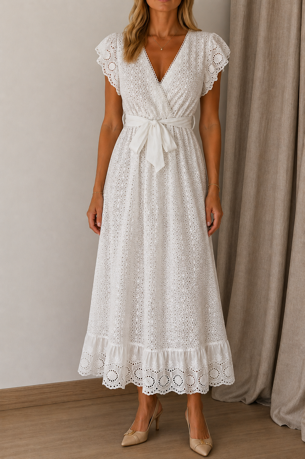 Robe Sandrine longue blanche broderie anglaise - visuel produit - Coka Collection