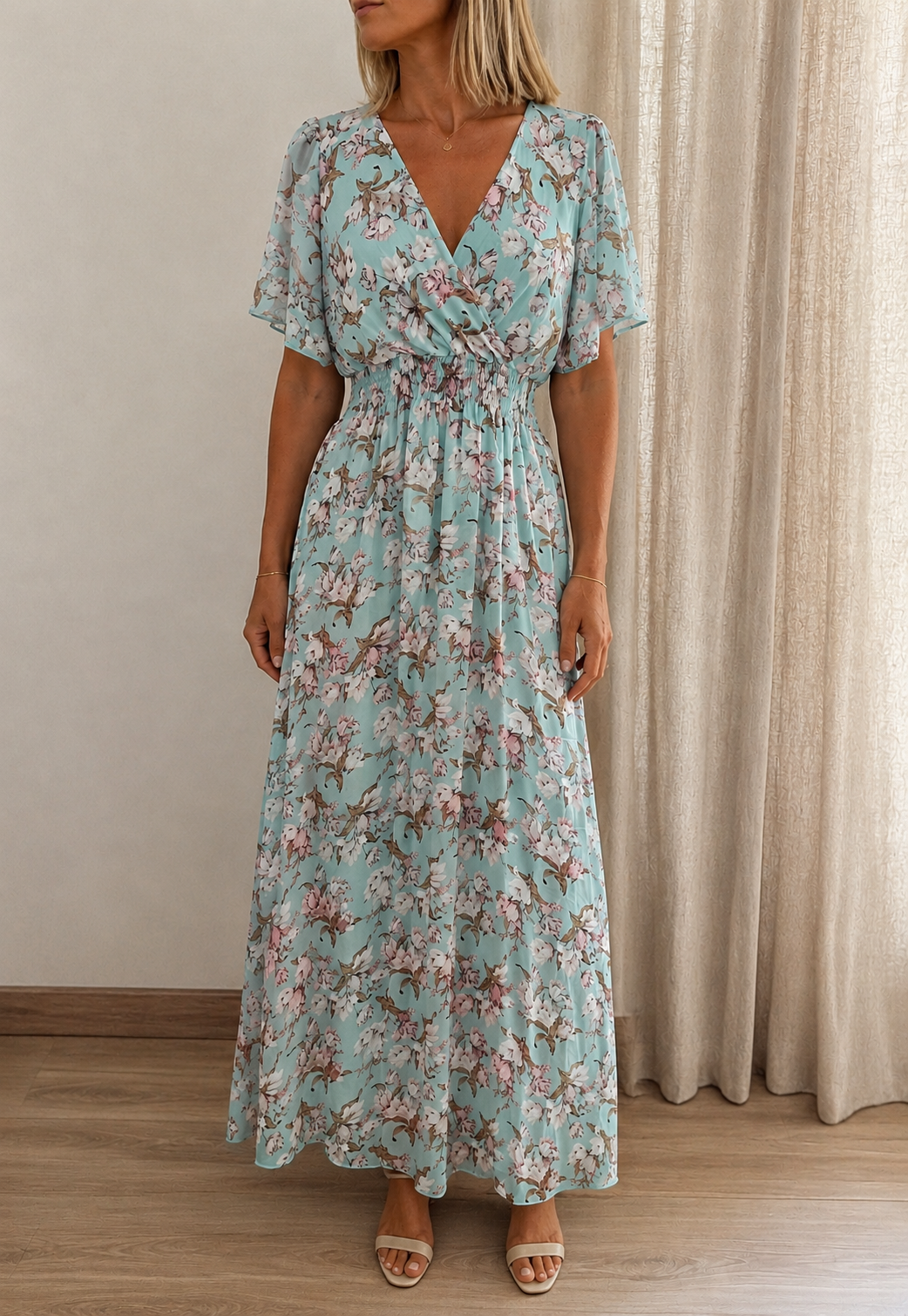 Robe Marion longue fleurie verte - visuel lifestyle - Coka Collection