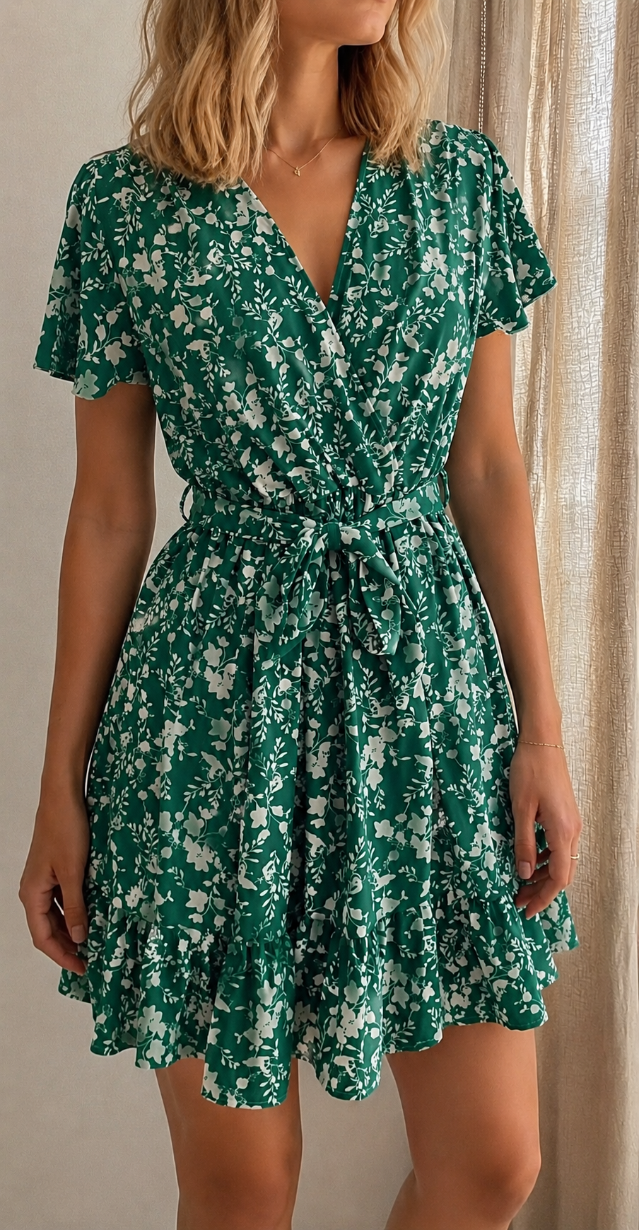 Robe Gina courte fleurie verte décolleté croisé - bohème chic | Coka Collection