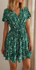 Robe Gina courte fleurie verte décolleté croisé - bohème chic | Coka Collection
