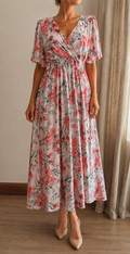 Robe Marion longue fleurie rose décolleté croisé - bohème chic | Coka Collection
