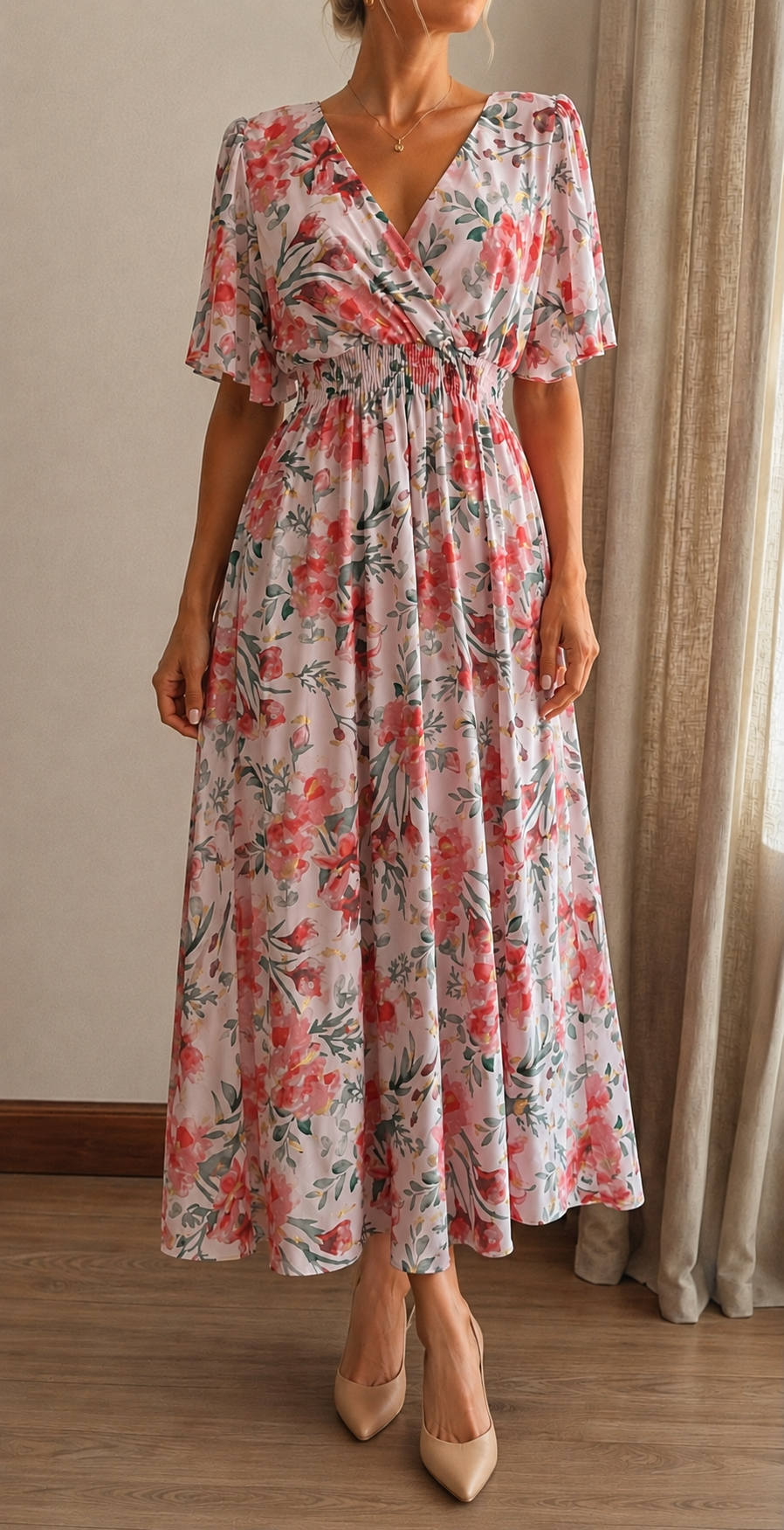 Robe Marion longue fleurie rose décolleté croisé - bohème chic | Coka Collection