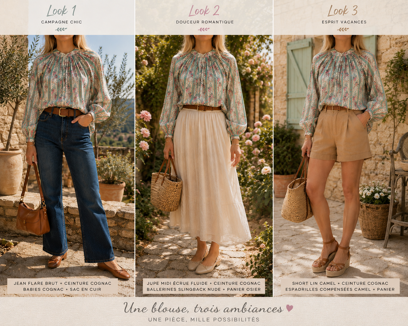 3 façons de porter la Blouse Claire rayée fleurie In April 1986 - coka collection