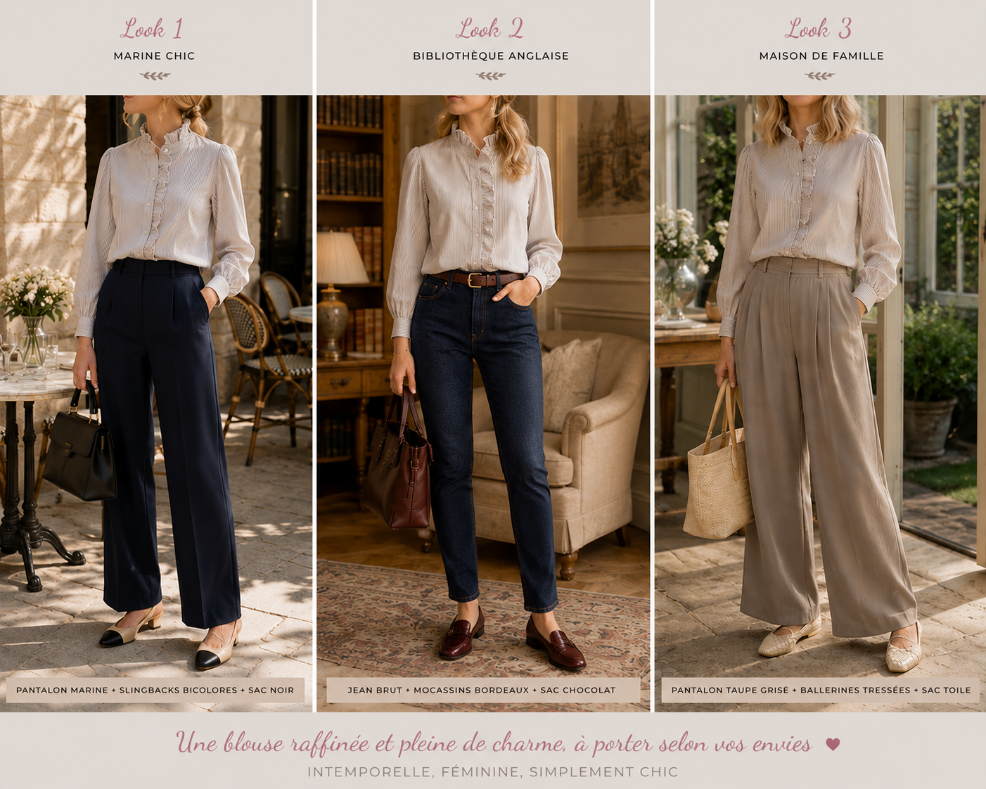 3 façons de porter la Blouse Ninon rayée beige blanc Season 