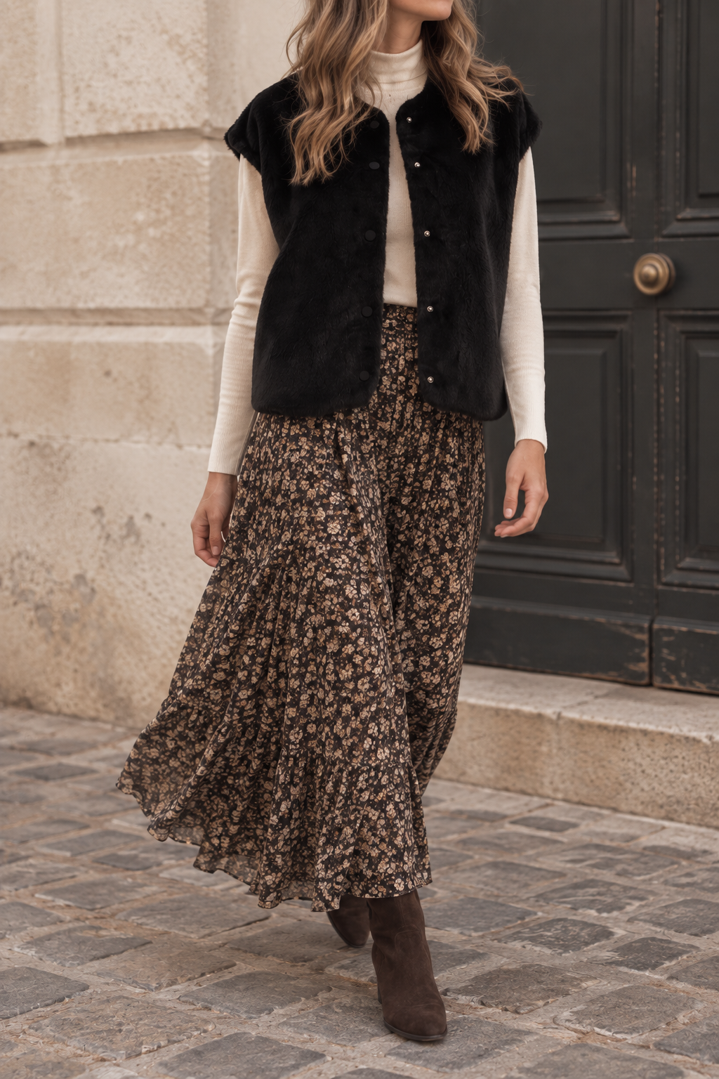 Veste fausse fourrure noire Season portée ouverte en mode automnal avec jupe longue fleurie | Coka Collection