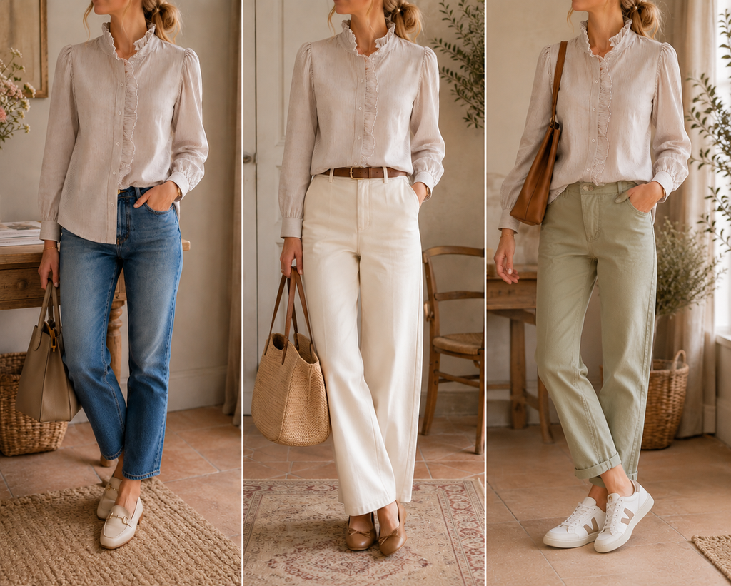 3 façons de porter la Blouse Ninon rayée beige blanc Season 
