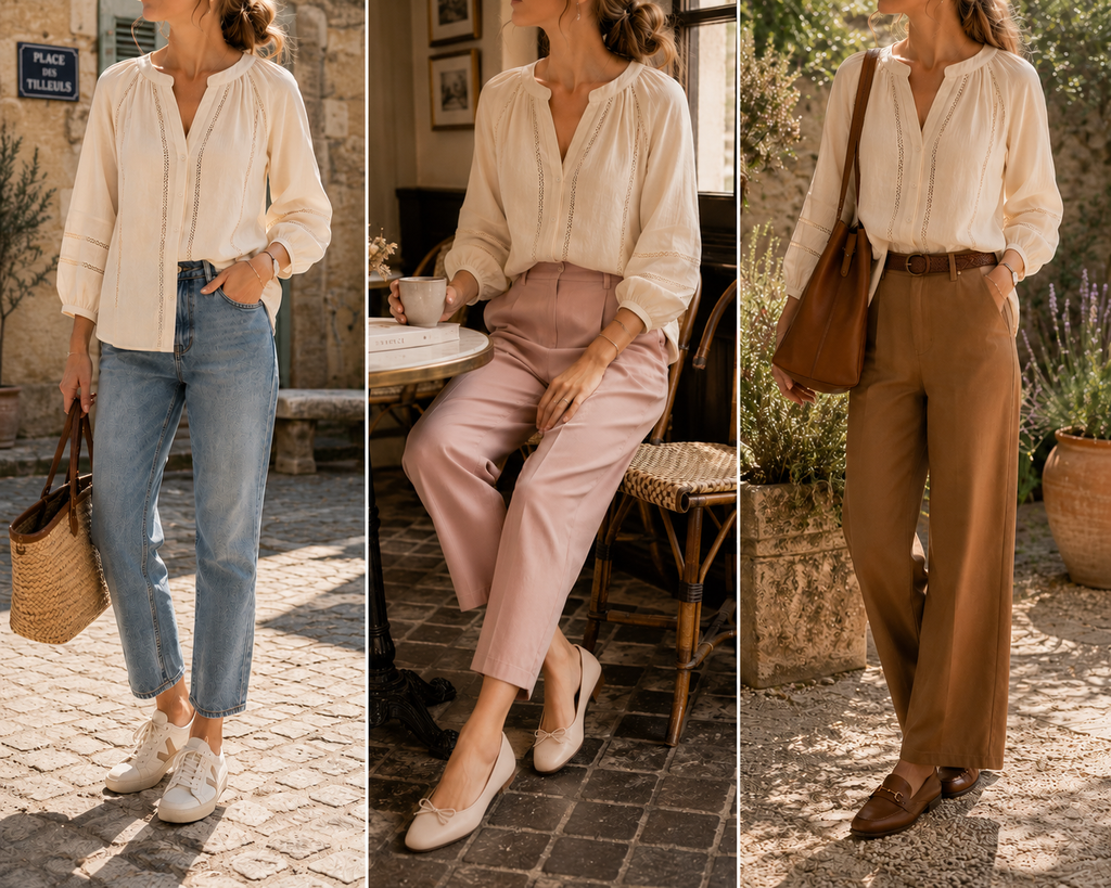 3 façons de porter la Blouse Sophie écrue brodée ajourée In April 1986 – Encolure ouverte et broderies sur le devant | Coka Collection