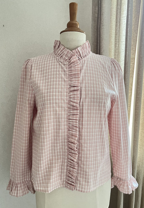 Blouse Angèle carreaux rose poudré Lili & Lala avec col volanté - vue de face